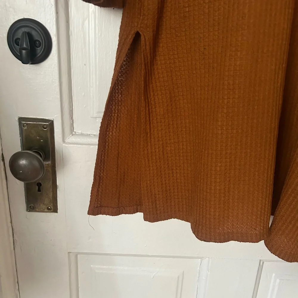 Long Open-Front Rust Brown Waffle Knit Cardigan Sweater - Picture 6 of 6